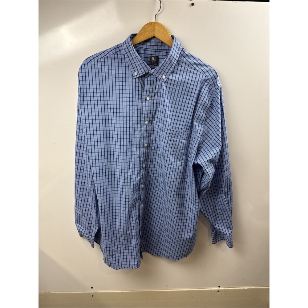 GS Easy Stretch Men's Classic Fit Button Down Shirt Blue Checkered Plaid 18.5-37